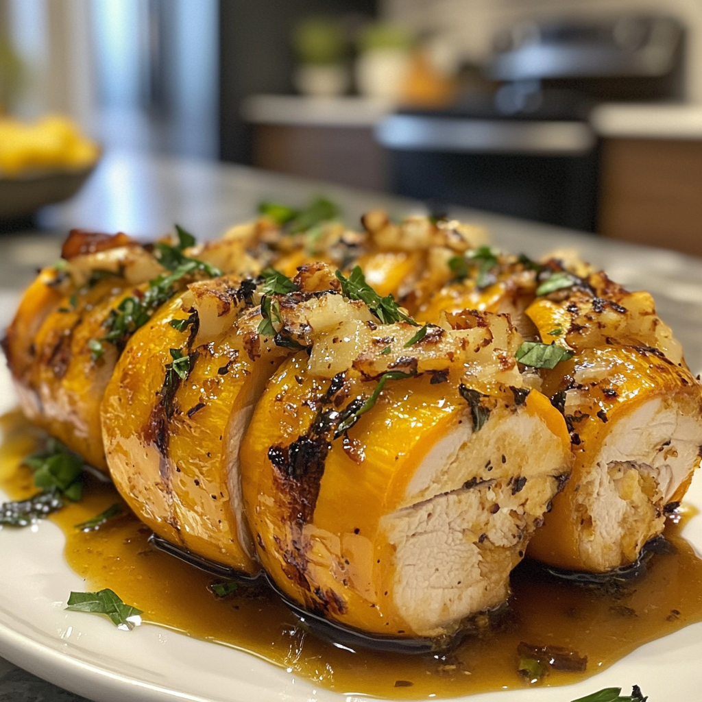 Honey Roasted Butternut Squash Stuffed with Chicken