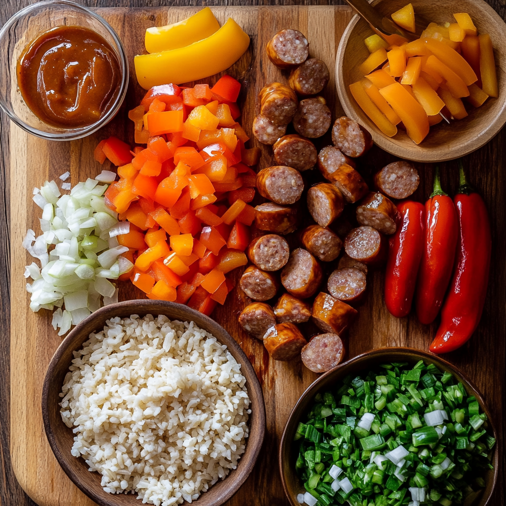 One-Pan BBQ Sausage Rice ingredients