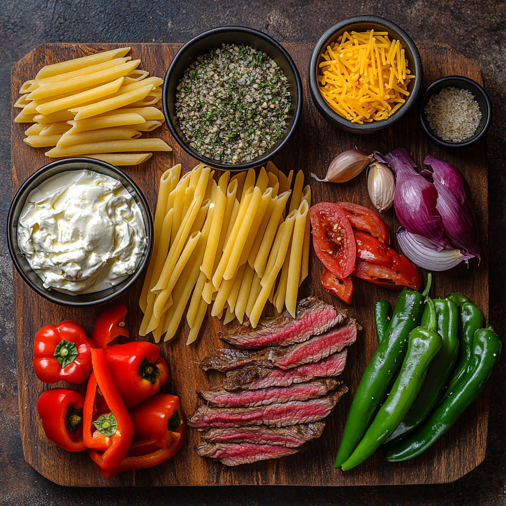 Philly Cheesesteak Pasta ingredients