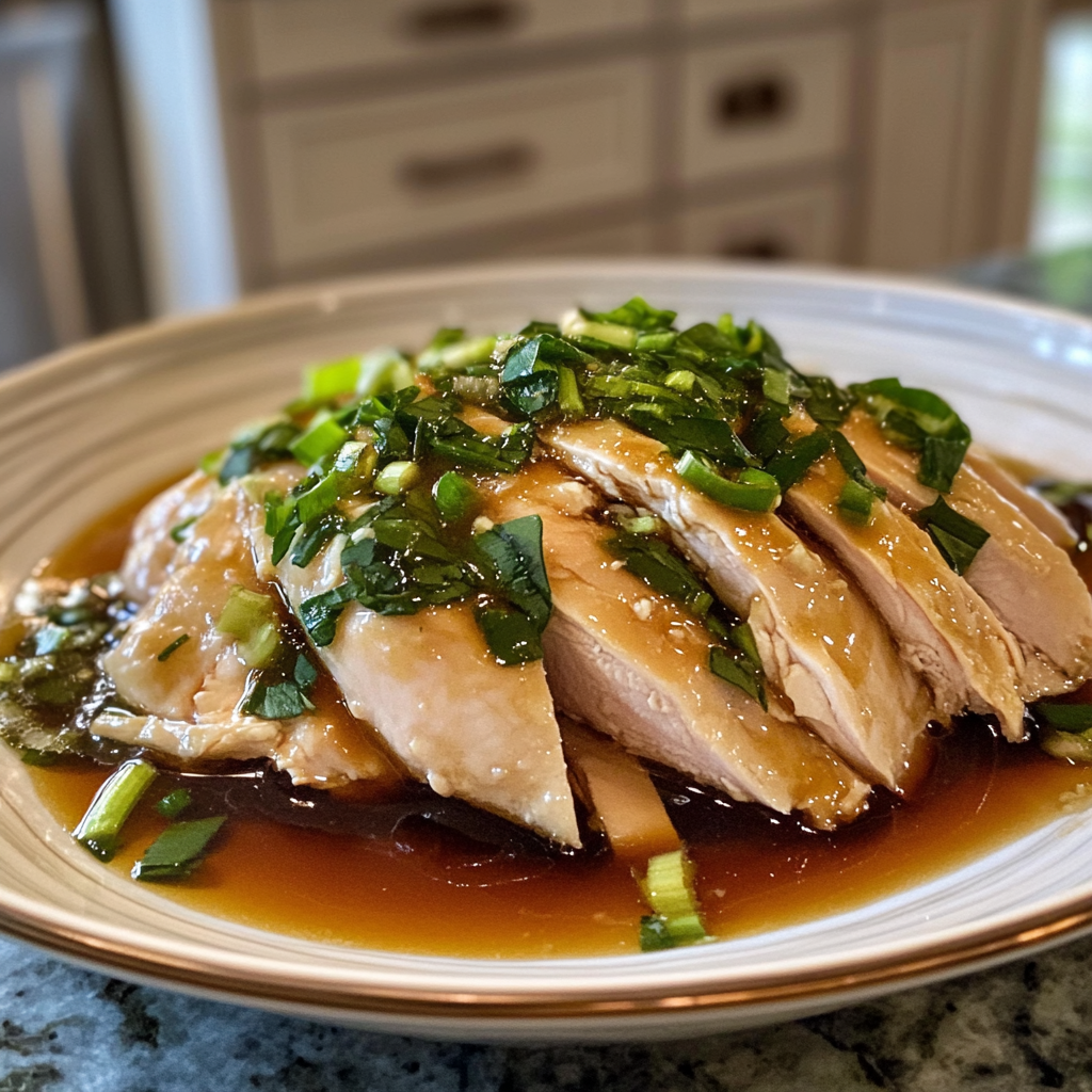 Savory Poached Chinese Chicken with Ginger Scallion Sauce