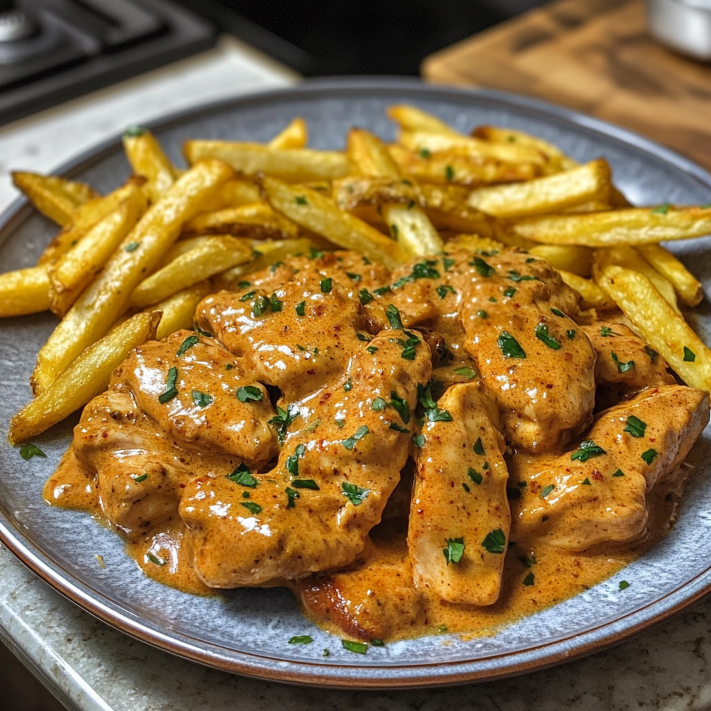 Irresistible Butter Chicken with Garlic Sauce and Crispy Fries